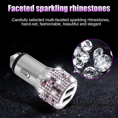 Bling Dual USB Car Charger with 3-in-1 Fast Charging Cable, Dual Port Adapter with Rhinestones (Purple)