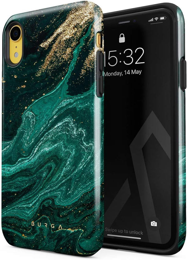 BURGA Phone Case for iPhone XR, Hybrid 2-Layer Hard Shell + Silicone Protective Case, Emerald Green Jade Stone