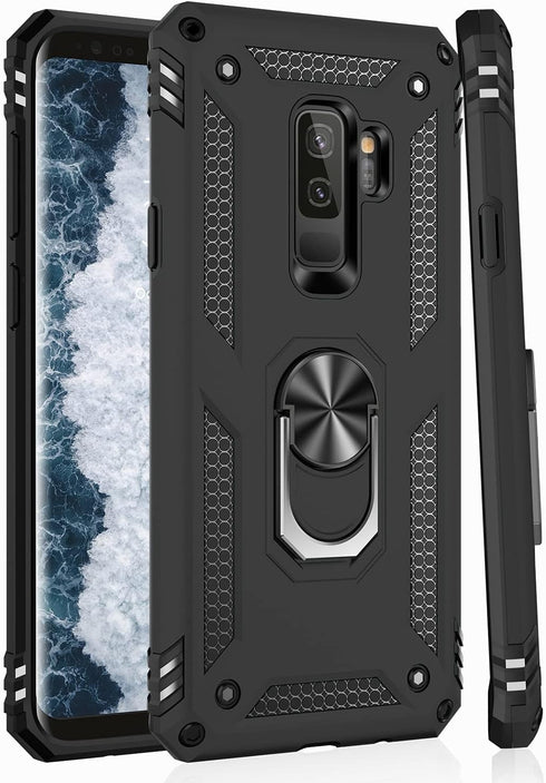 IKAZZ Galaxy S9 Plus Case, Heavy Duty Shockproof Phone Cover with Magnetic Kickstand in Black