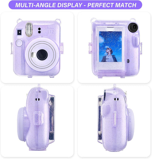 Glitter Clear Case for Fujifilm/Polaroid Instax Mini 12 Instant Camera, Upgraded Glitter Case with Accessories - Purple