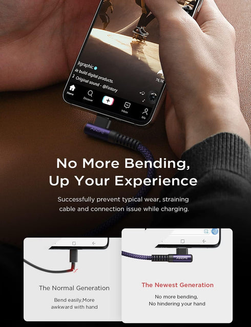 AINOPE 6.6ft Purple USB C to USB C Cable 2-Pack, 60W Fast Charging, Right Angle, Compatible with iPhone 15 Pro Max,