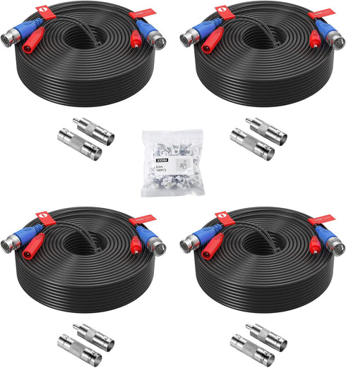 ZOSI 4 Pack 100ft All-in-One Video Power Cables, BNC Extension Security Camera Cable for CCTV with 4 Connectors & Clips