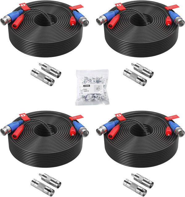 ZOSI 4 Pack 100ft All-in-One Video Power Cables, BNC Extension Security Camera Cable for CCTV with 4 Connectors & Clips
