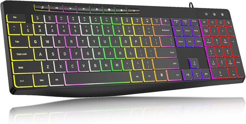 Wired Computer Keyboard, 7-Color Rainbow LED Backlit, Quiet Light Up Keyboard for Windows Mac PC Laptop