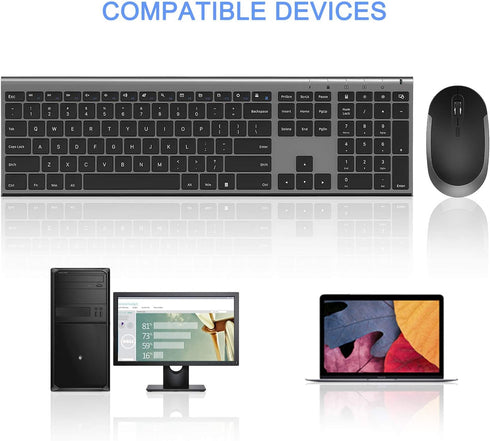 Wireless Keyboard and Mouse, Vssoplor 2.4GHz Rechargeable Compact Quiet Full-Size Combo with Nano USB Receiver, Dark