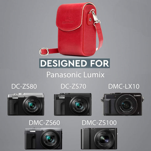 MegaGear Leather Camera Case with Strap for Panasonic Lumix DC-ZS80, DC-ZS70, DMC-LX10, DMC-ZS60, DMC-ZS100, Red