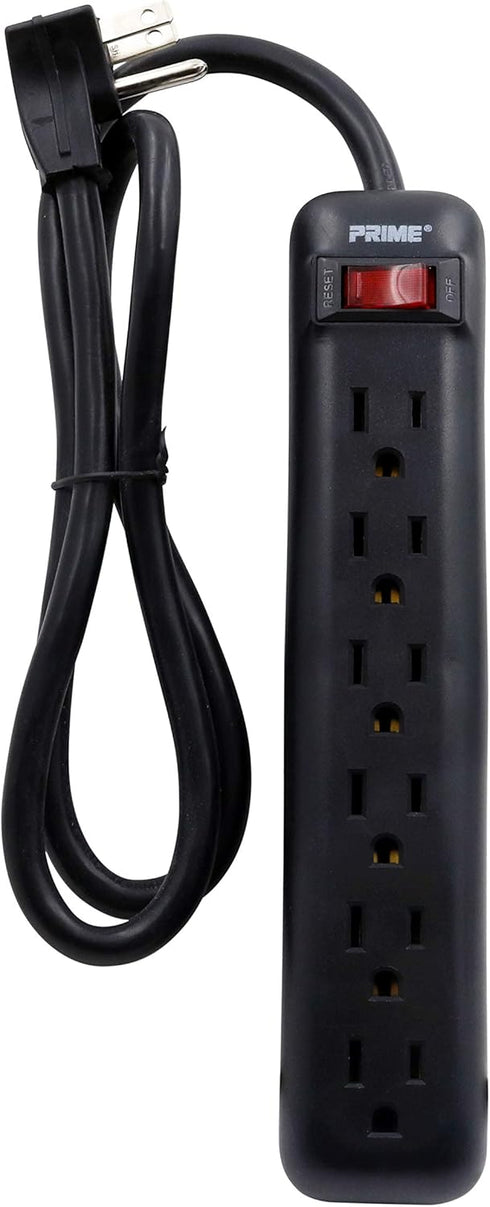 Prime Wire & Cable 6-Outlet Power Strip, Right Angle Plug, 14-3 SJT 3-Feet Cord, Black, Model PB922009
