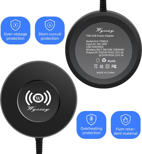 75W 6-Port USB Charger Desktop Charging Station with Wireless Charger, Quick Charge 3.0, Multi USB Hub for Smartphone,