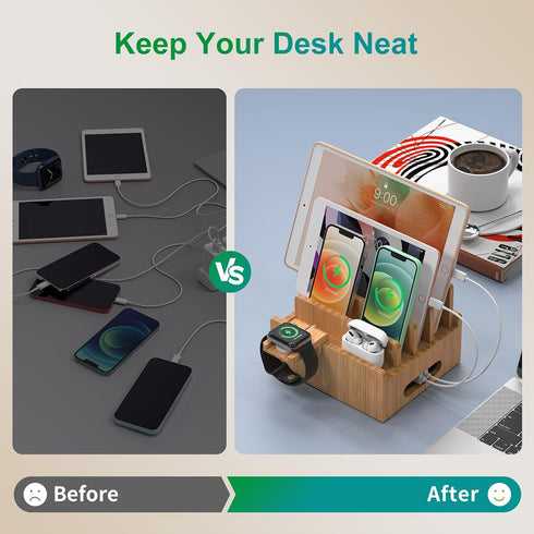 Pezin & Hulin Cell Phone Charging Stations, Bamboo Dock Organizer for Multi Devices, Tablets, Smart Watch, with Pack of