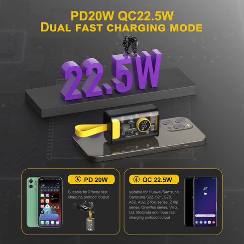 10000mAh Portable Charger, 22.5W Fast Charging Small Power Bank, Transparent External Battery Pack, Input/Output