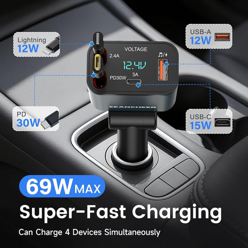 SEANCHEER 69W 2 5.3 Call,MP3 Car Bluetooth Adapter & Car Charger USB C, Cigarette Lighter Adapter with Retractable