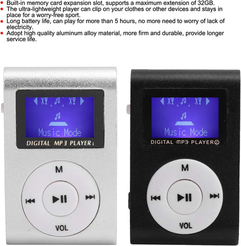 ciciglow MP3 32G,Suitable Mini Player,Mini LCD Screen Display USB Music Player,with Earphones,Ultra-Light Clip-on