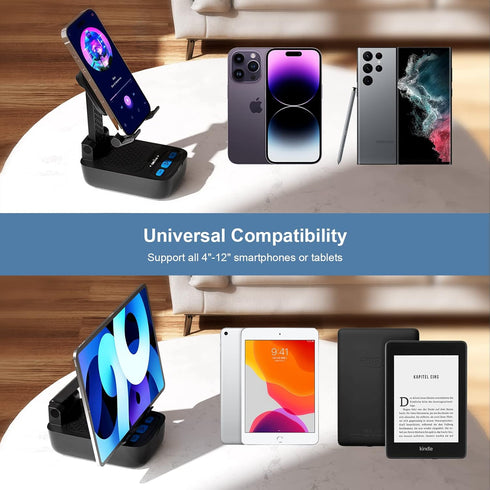 Gifts for Men Women, Cell Phone Stand with Wireless Bluetooth Speaker, Punchy Bass & HD Stereo Sound, Black