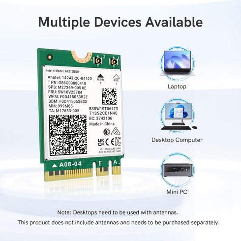 Wi-Fi 6E AX210 NGW Wireless Card with Bluetooth 5.3, Tri-Band 5400Mbps Network Adapter for Laptop, Supports Windows