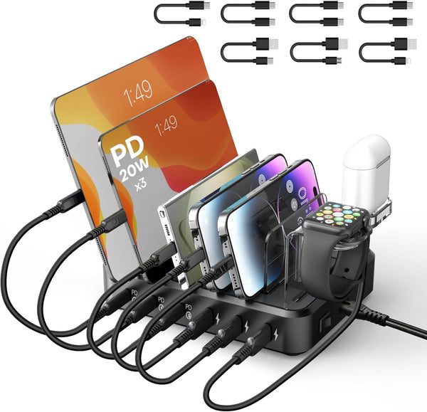 Charging Station for Multiple Devices - 75W 6 Port Charger with 3 PD 20W USB C Fast Charging Ports