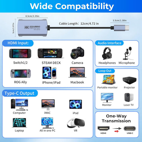 Guermok 4K@60FPS 2K@144FPS 3.0 4K60 3.5mm 2/1, PS5/4, Capture Card for Streaming, USB HDMI to USBC Camera Video