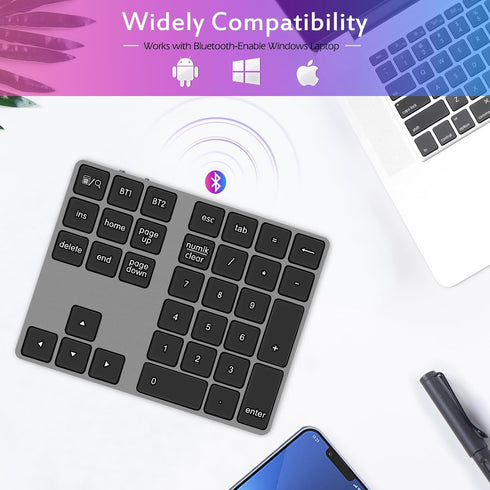 Foloda Bluetooth Number Pad, Wireless BT Numeric Keypad, Multi-Devices Rechargeable USB C Numpad for Laptop, PC, iMac,