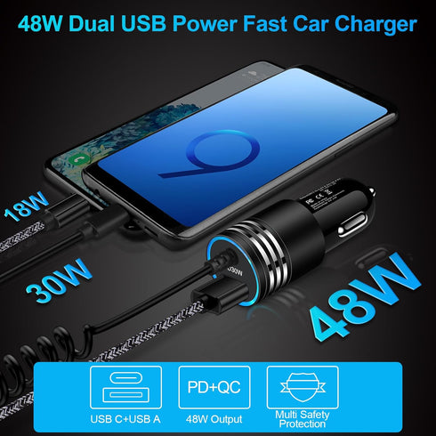 48W Super Fast Car Charger Type C for iPhone 16/16 Pro Max/16 Plus/15, Fast Charging Car Adapter with Built-in Coiled
