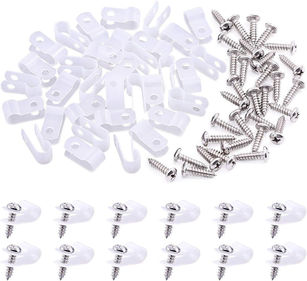 Swpeet 120 Pack White Nylon Plastic R-Type Cable Clips - 1/4 Inch Clamp Kit with 120 Screws for Wire Management