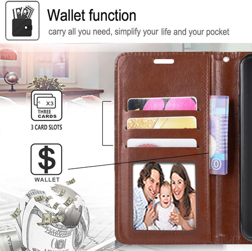 STARSHOP Compatible Samsung Galaxy A12 Phone Case, Leather Wallet Cover with Tempered Glass Protector, Brown