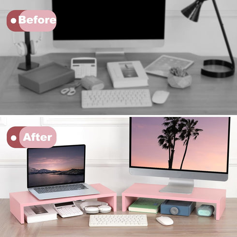 TEAMIX Pink Monitor Riser, 20L Inch Wood Stand for Desk, Sturdy TV/Screen/PC/Printer Riser with Storage (Pink, 20 inch)