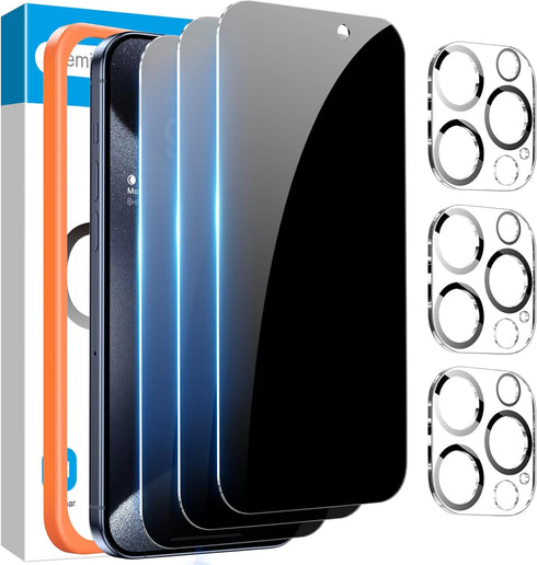 Fotbor iPhone 15 Pro Privacy Screen Protector & Camera Lens Protector 3+3 Pack, Easy Install Anti-Spy Tempered Glass