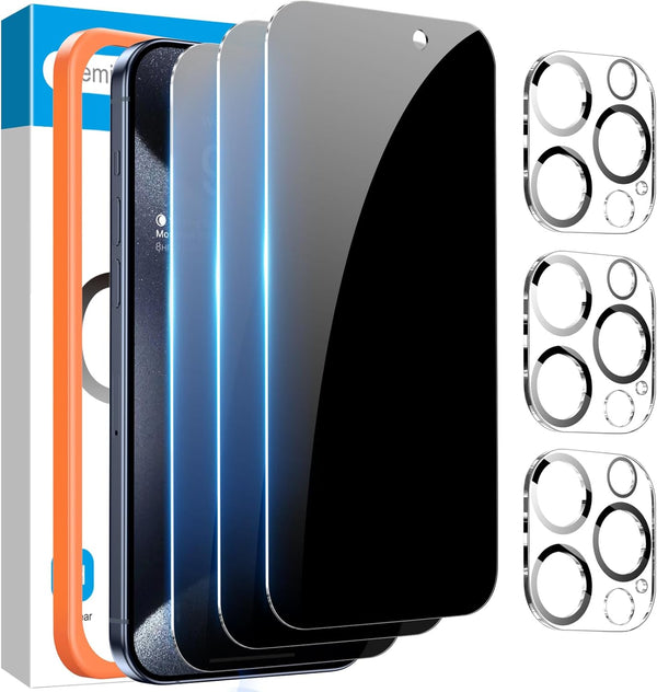 Fotbor iPhone 15 Pro Privacy Screen Protector & Camera Lens Protector 3+3 Pack, Easy Install Anti-Spy Tempered Glass