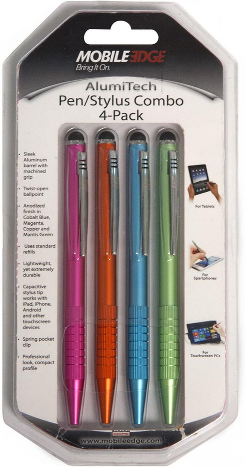 Mobile Edge 2-in-1 Stylus Pen for Touch Screens, High Precision for Apple iPad, iPhone, Android, and More, 4-Pack Set