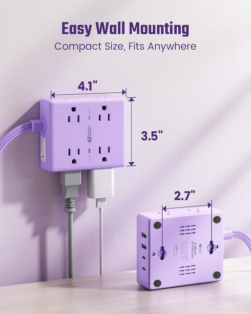 SUPERDANNY 10Ft, 8 4 (2 Purple Extension Cord Flat Plug Surge Protector Power Strip Kawaii, Outlets & USB Ports USB C)