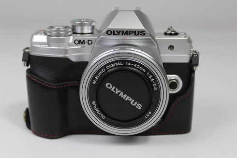 E-M10 Mark IV Case, BolinUS Handmade PU Leather Half Camera Case for Olympus OM-D E-M10 Mark IV with Hand Strap