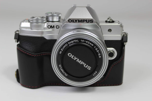 E-M10 Mark IV Case, BolinUS Handmade PU Leather Half Camera Case for Olympus OM-D E-M10 Mark IV with Hand Strap