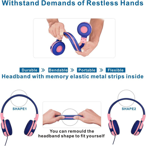 SIMOLIO Kids Headphones with 75dB, 85dB, 94dB Volume Limited & Share Jack, Durable On-Ear Headsets for Kids