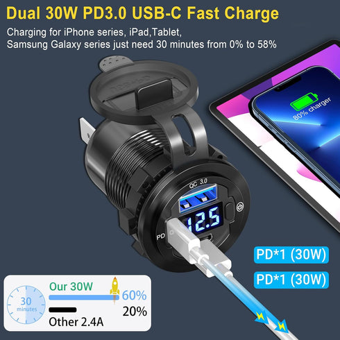 USB C Car Charger Socket, 12V USB Outlet 2 Pack, Aluminum Metal 78W Dual USB-C PD 30W and 18W QC3.0