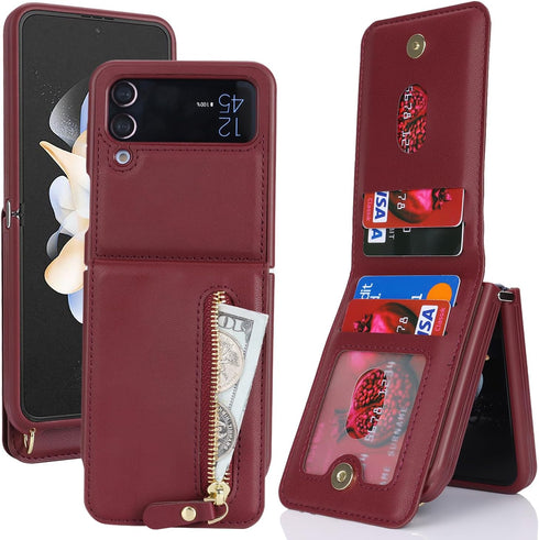 Cavor for Samsung Galaxy Z Flip 4 Case Wallet with Strap, Crossbody Lanyard Card Holder Stand, Cute Leather Zipper