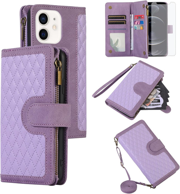 Asuwish iPhone 12 Pro Wallet Case: Purple Flip Cover with Tempered Glass, Zipper Card Holder & Crossbody Strap for