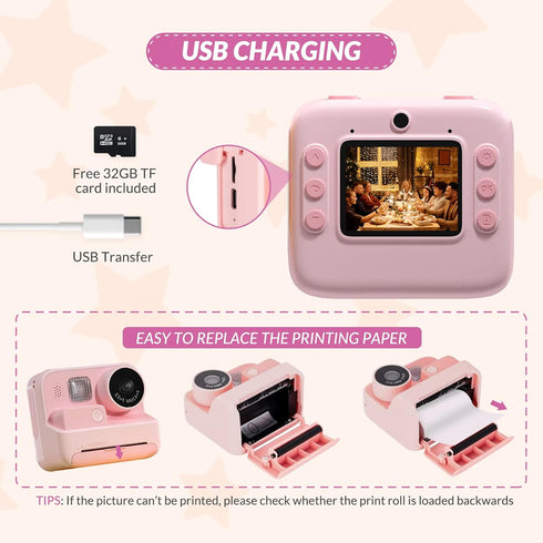 Mafiti Kids Camera Instant Print, 48MP Digital Selfie 1080P Video Camera with 32G TF Card for Girls Boys