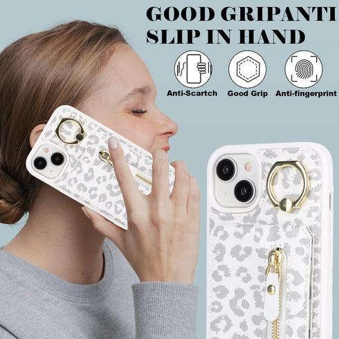 iPhone 13 Mini Case Wallet with Card Holder, Detachable 2-in-1, MagSafe Compatible for Women & Men - White Leopard