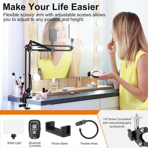 Overhead Phone Mount with 60 LED Light: Portable Selfie Light and Phone Holder for Desk, Camera Mount Arm Stand for