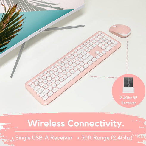 X9 Pink Keyboard and Mouse Combo - 2.4G Wireless Cute Colorful Wireless Set (110 Keys and 18 Shortcuts) for PC and