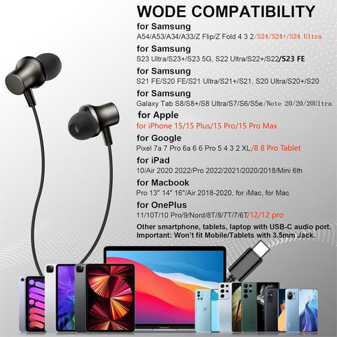 USB C Headphone Type C Earphone Magnetic Wired Earbud for iPhone 15 Pro Max, Samsung S24 Ultra, Noise Canceling