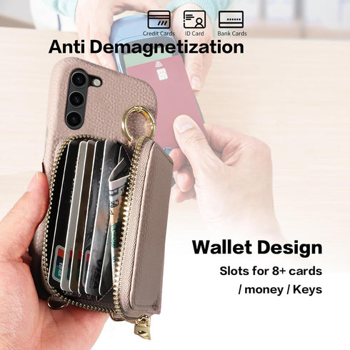 Furiet Wallet Case for Samsung Galaxy S23 5G, Luxury PU Leather Zipper Flip Organ Purse, Khaki