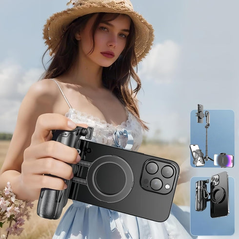 MiniLuxis 4-in-1 Magnetic Phone Tripod, Portable Selfie Stick, Pocket Size Foldable Extendable Tripod for iPhone