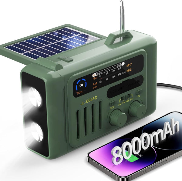 Emergency Weather Radio, 8000mAh Hand Crank Radio, Solar AM/FM/NOAA Portable Radio with Bluetooth Speaker