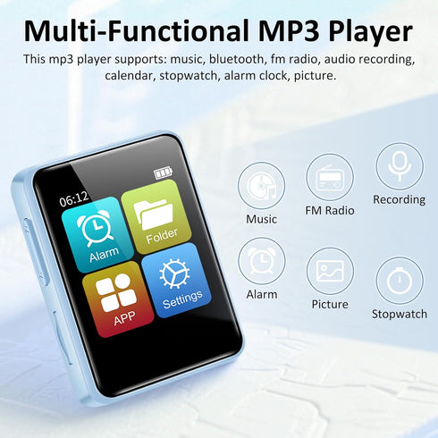 VANSING 32GB MP3 1.8 inch MP3 512GB(Blue) Player for Kids, Portable Small Music Bluetooth Player with Speaker, FM
