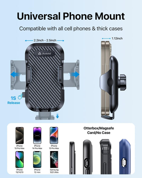 andobil Phone Mount for Car, Military-Grade Holder for Dashboard, Windshield, Vent, Fits iPhone 15 and Samsung S24