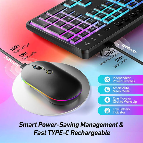 Wireless Keyboard and Mouse Combo with Backlit, 2.4Ghz Rechargeable Light Up Keyboard Mouse Set for Computer