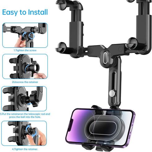 360° Rotatable Rearview Mirror Phone Holder for Car, Retractable Multifunctional Design, Four Corners Fixed Anti-Shake