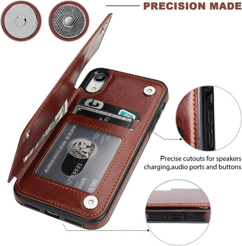 iPhone XR Wallet Case with Card Holder, Premium PU Leather Kickstand, Double Magnetic Clasp, Shockproof Cover (Brown)