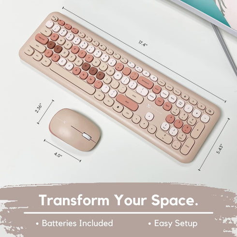 X9 Colorful Wireless Keyboard and Mouse Combo - 2.4Ghz - Cute Set for PC and Chrome (110 Keys, 18 Shortcuts, Brown)