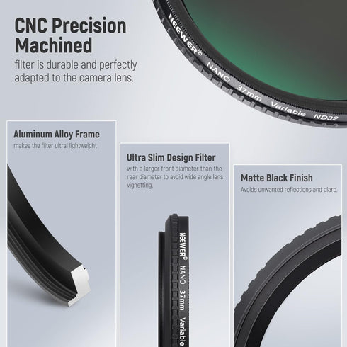 NEEWER 37mm HD Variable ND Filter - ND2-ND32 (1-5 Stops), Optical Glass, 30 Layer Nano Coated, Ultra Slim Frame